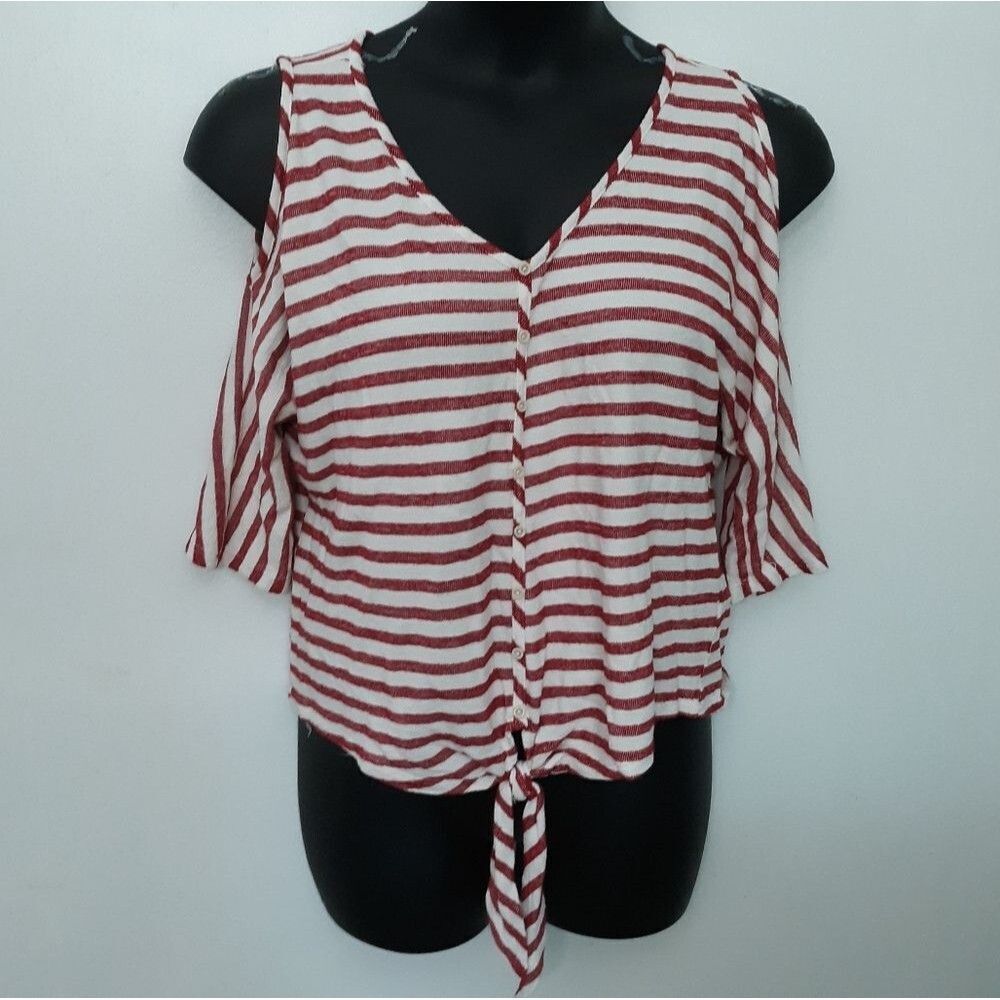 Democracy red & white striped cold shoulder top